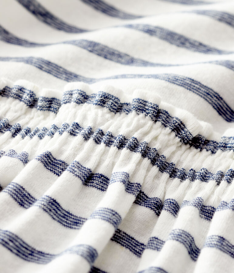 Robe manches courtes en coton/lin ray&eacute; b&eacute;b&eacute; fille blanc MARSHMALLOW/bleu MEDIEVAL