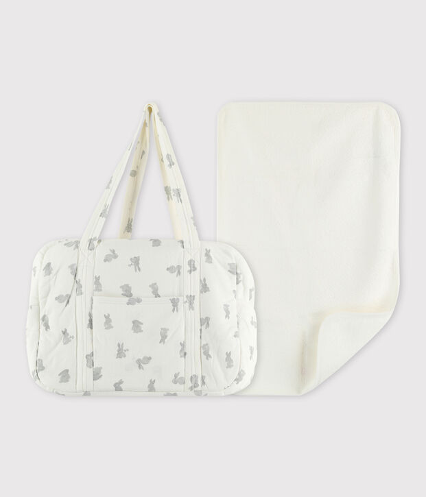 Lot sac et tapis &agrave; langer lapin b&eacute;b&eacute; en tubique en coton biologique blanc/gris