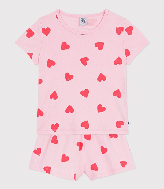 Pyjama short enfant en coton imprim&eacute; c&oelig;urs rose/orange