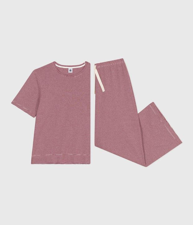 Pyjama femme en coton manches courtes jambes larges &agrave; rayures rouge/blanc