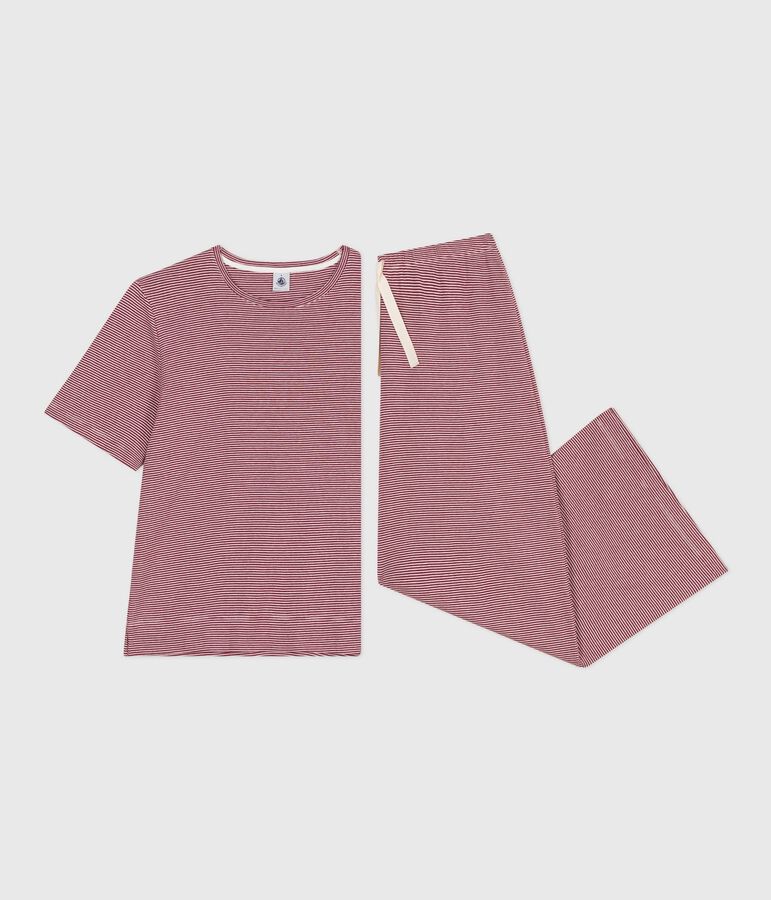 Pyjama femme en coton manches courtes jambes larges &agrave; rayures rouge AMARANTE/ MARSHMALLOW