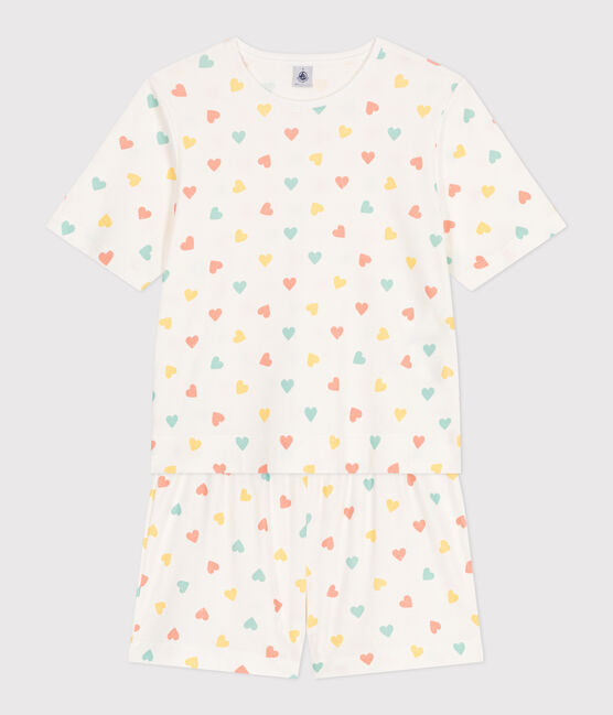 Pyjama short femme en coton imprimé cœurs blanc MARSHMALLOW/blanc MULTICO
