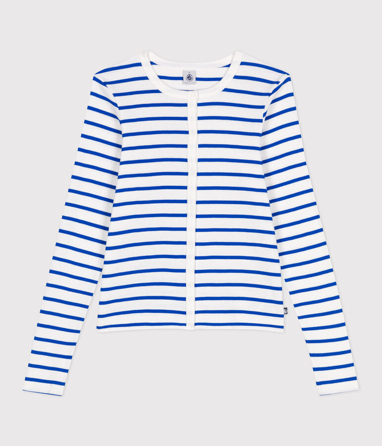Cardigan femme en coton uni blanc/bleu