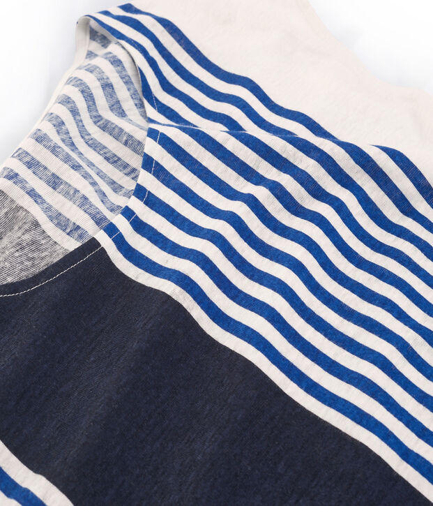 Tee-shirt manches courtes femme en lin blanc/multicouleur