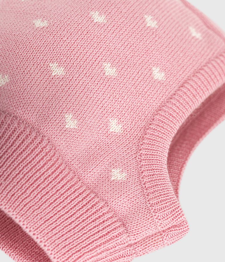 Cagoule b&eacute;b&eacute; c&oelig;urs en laine et coton rose/blanc