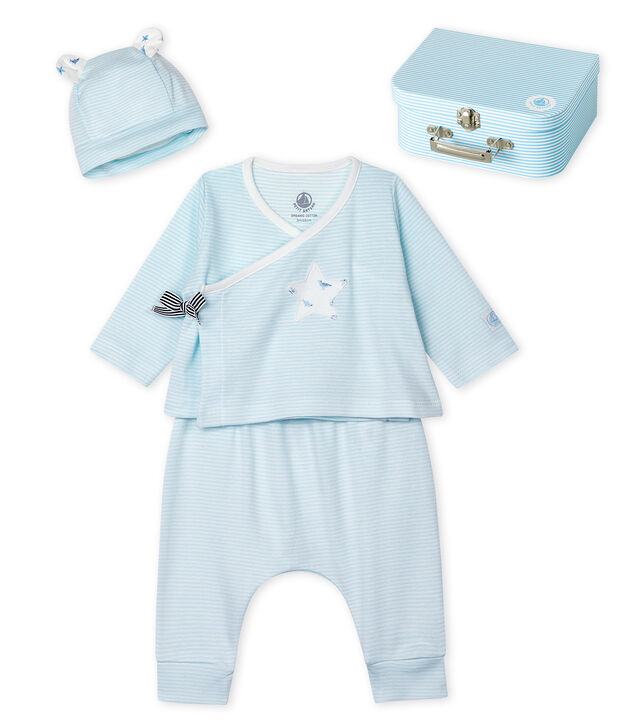 Lot cadeau b&eacute;b&eacute; 3 pi&egrave;ces en c&ocirc;te bleu/blanc