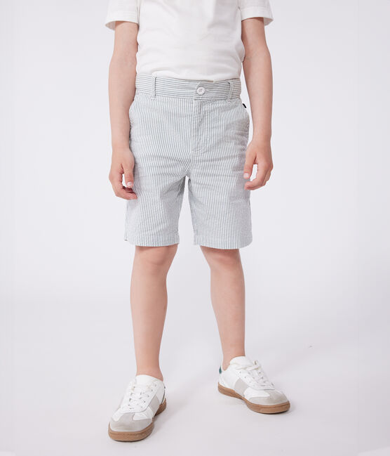 Bermuda short enfant en coton à rayures blanc MARSHMALLOW/bleu BRUT