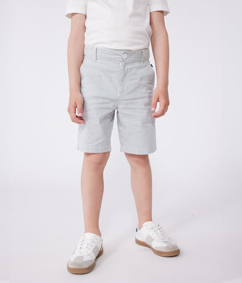 Bermuda short enfant en coton &agrave; rayures blanc MARSHMALLOW/bleu BRUT