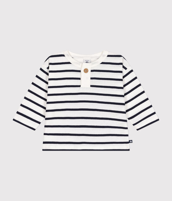 Tee-shirt manches longues en coton bébé blanc MARSHMALLOW/bleu SMOKING
