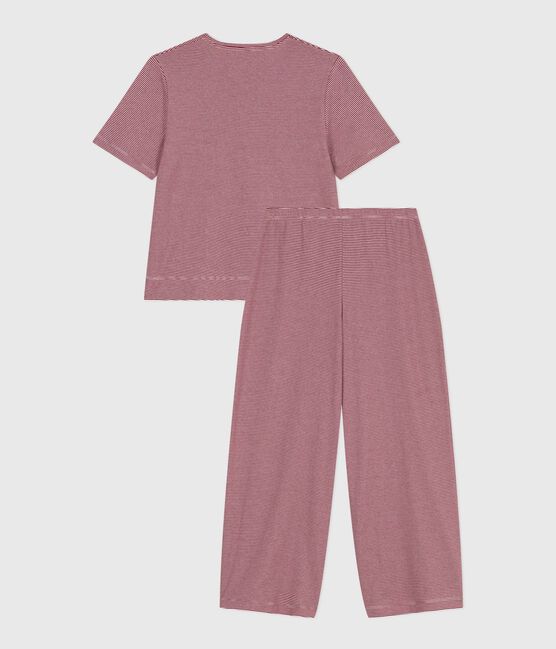 Pyjama femme en coton manches courtes jambes larges à rayures rouge AMARANTE/ MARSHMALLOW