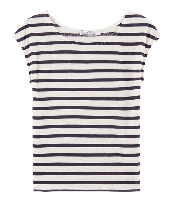 Tee shirt lin femme blanc MARSHMALLOW/bleu MEDIEVAL