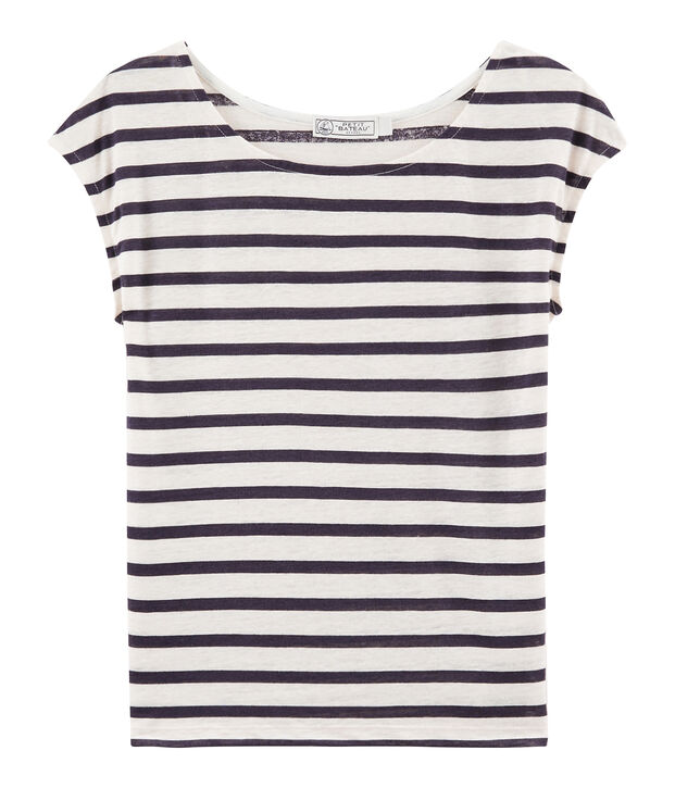 Tee shirt lin femme blanc/bleu