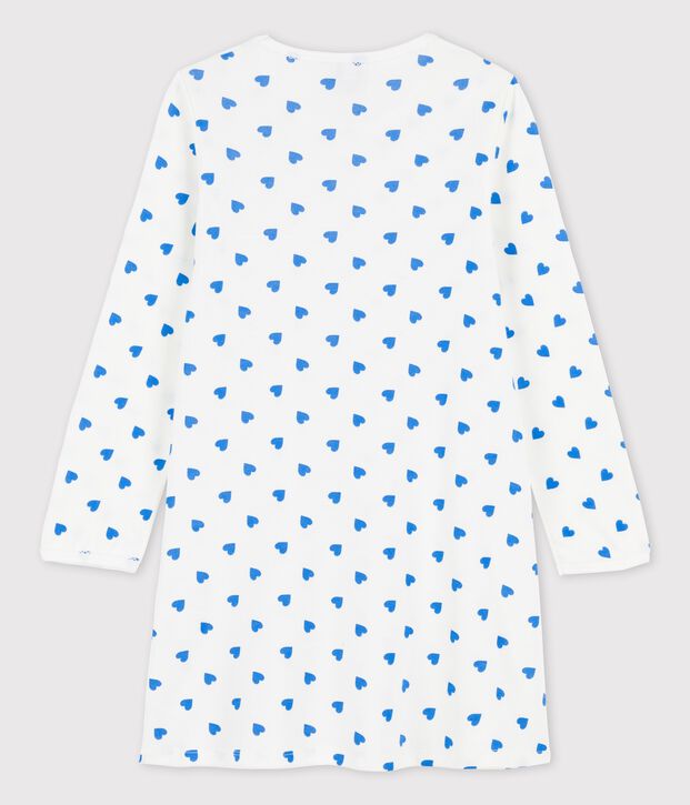 Chemise de nuit manches longues c&oelig;urs bleus petite fille en coton blanc/bleu