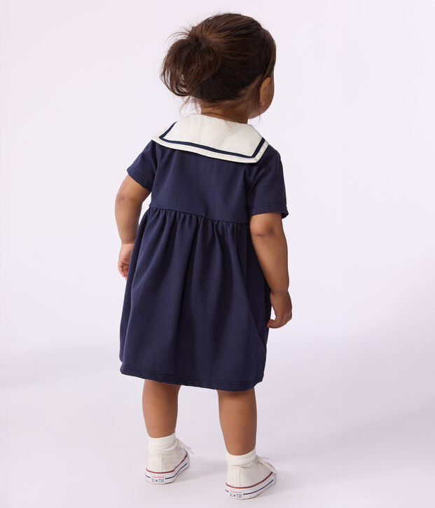 Robe b&eacute;b&eacute; en coton manches courtes, unie avec son col marin bleu marine