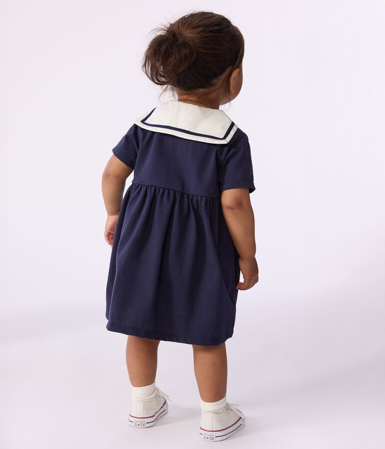 Robe b&eacute;b&eacute; en coton manches courtes, unie avec son col marin bleu SMOKING