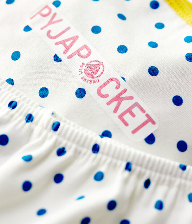 Pyjacourt &agrave; pois bleus petite fille en coton blanc/bleu