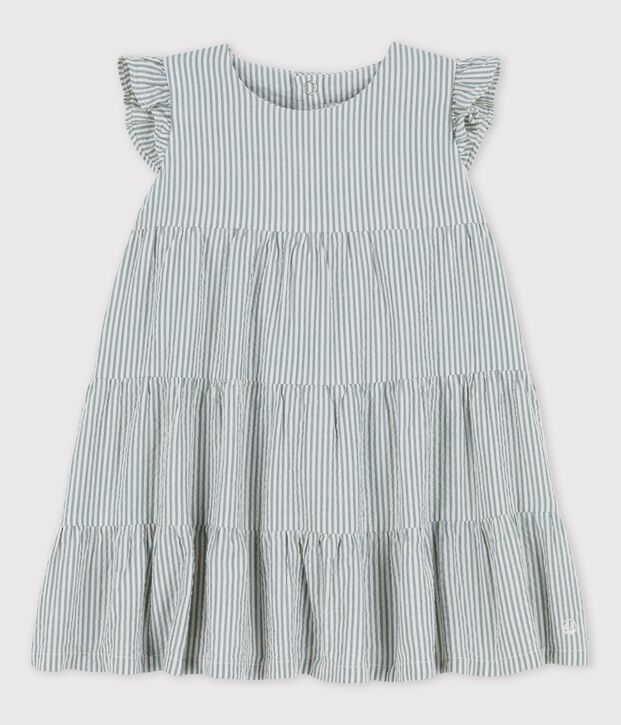 Robe ray&eacute;e en seersucker bio b&eacute;b&eacute; vert/blanc