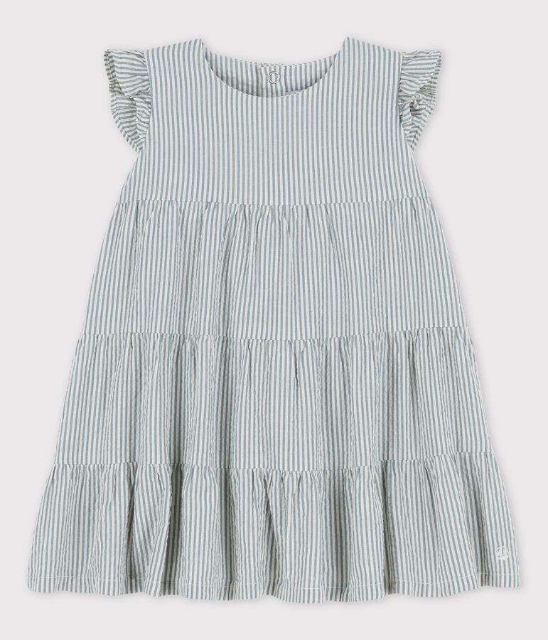 Robe ray&eacute;e en seersucker bio b&eacute;b&eacute; bleu BRUT/blanc MARSHMALLOW