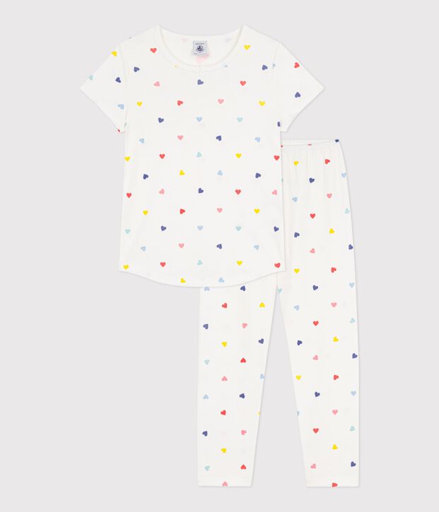 Pyjama enfant en coton manches courtes jambes longues &agrave; c&oelig;urs blanc/multicouleur