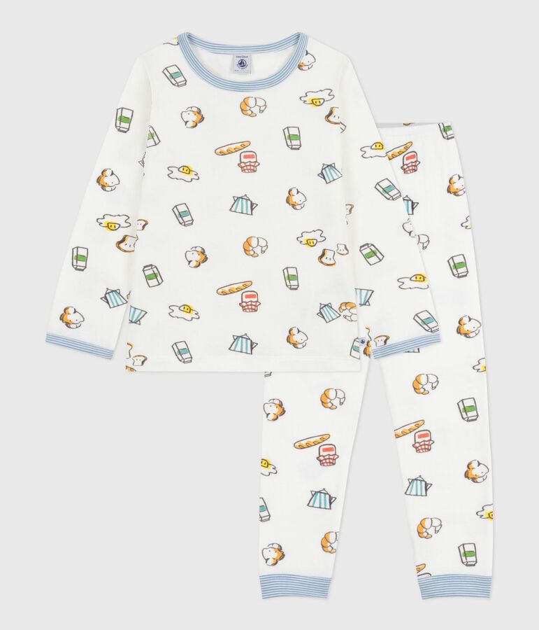 Pyjama enfant en tubique imprim&eacute; petit d&eacute;jeuner blanc MARSHMALLOW/blanc MULTICO