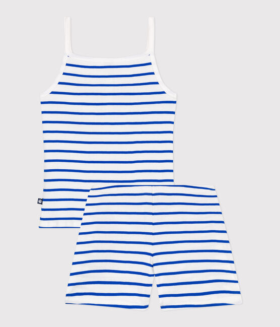 Pyjama short femme en coton à bretelles à rayures blanc MARSHMALLOW/bleu PERSE