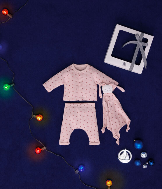 Ensemble coffret cardigan, pantalon et doudou en coton bébé rose SALINE/ ROSEWOOD