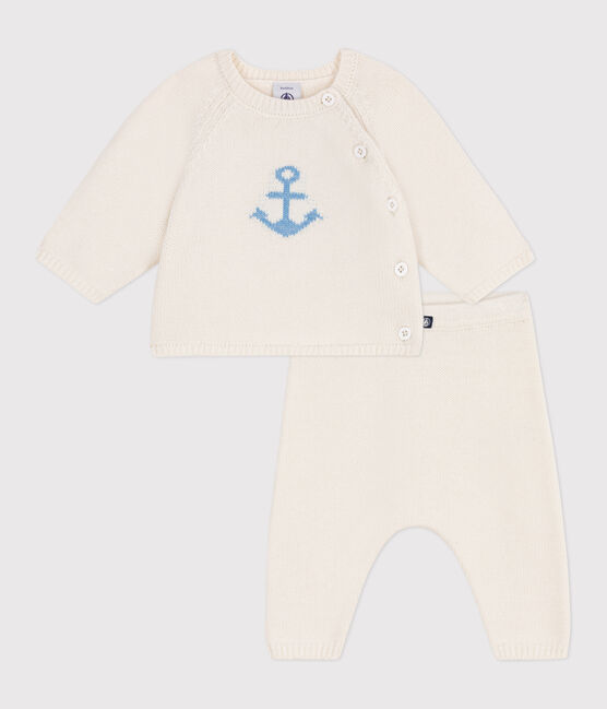 Ensemble bébé deux pièces en tricot laine et coton, jacquard blanc MARSHMALLOW