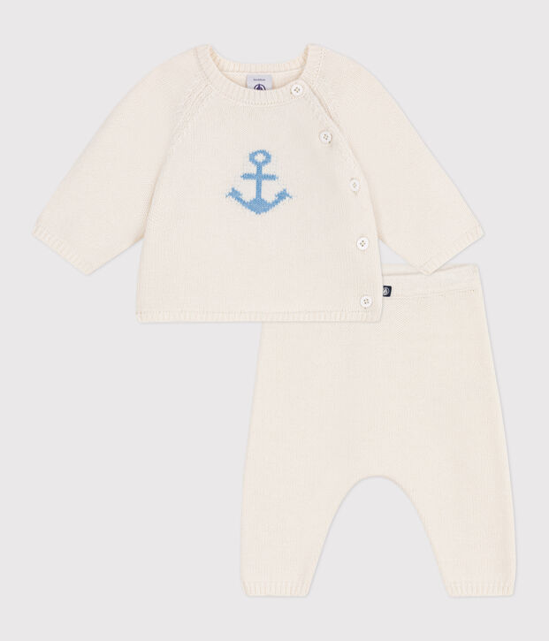Ensemble b&eacute;b&eacute; deux pi&egrave;ces en tricot laine et coton, jacquard blanc