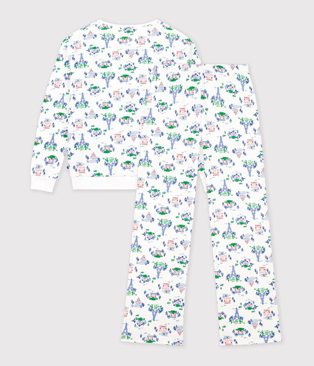 Pyjama femme en coton imprim&eacute; Paris blanc/multicouleur