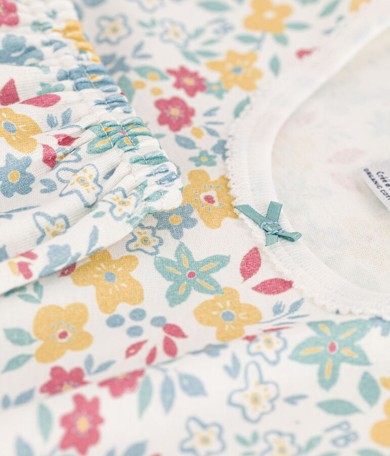 Pyjama manches courtes fleurs en coton petite fille blanc MARSHMALLOW/blanc MULTICO