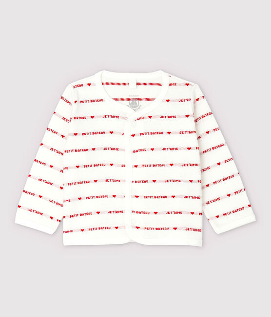 Cardigan Petit Bateau Je t'aime bébé en jacquard en coton biologique blanc MARSHMALLOW/rouge TERKUIT