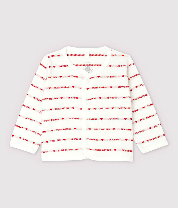 Cardigan Petit Bateau Je t'aime b&eacute;b&eacute; en jacquard en coton biologique blanc/rouge