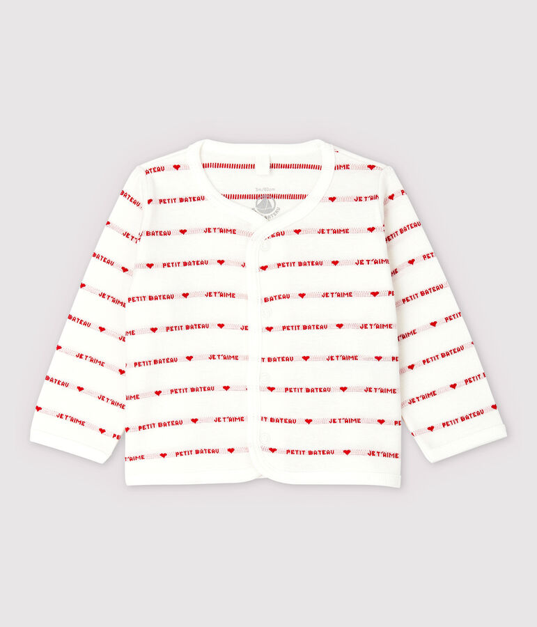 Cardigan Petit Bateau Je t'aime b&eacute;b&eacute; en jacquard en coton biologique blanc MARSHMALLOW/rouge TERKUIT