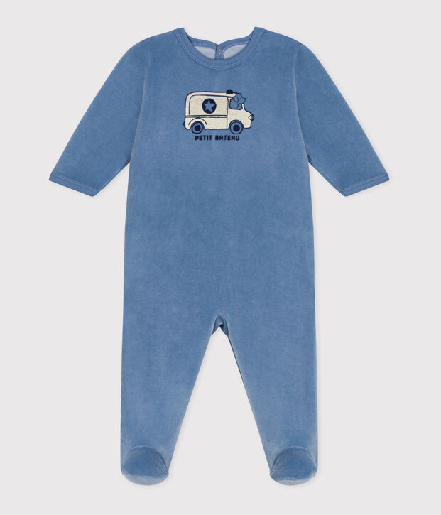 Pyjama b&eacute;b&eacute; en velours ouverture au dos bleu