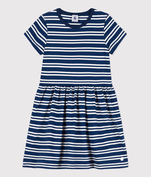 Robe ray&eacute;e manches courtes en coton enfant fille bleu/blanc