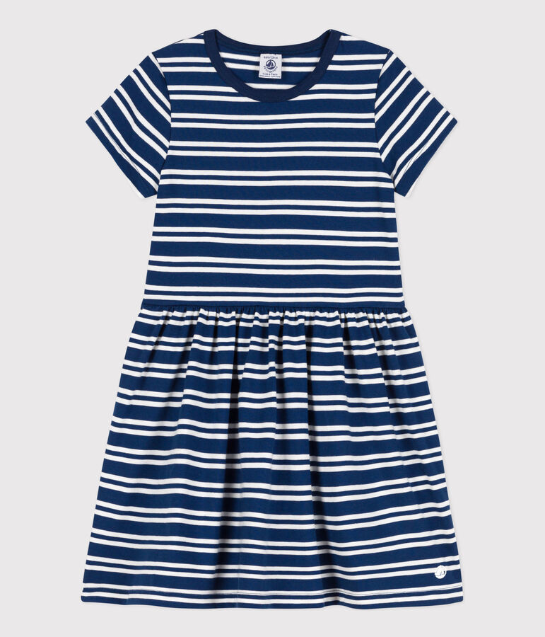 Robe ray&eacute;e manches courtes en coton enfant fille bleu MEDIEVAL/blanc MARSHMALLOW