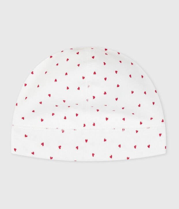 Bonnet naissance en coton imprim&eacute; c&oelig;urs blanc/rouge