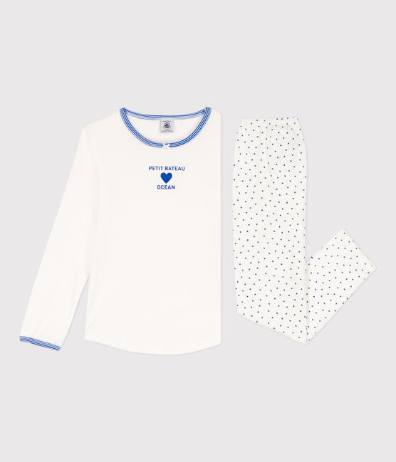 Pyjama en coton petite fille blanc MARSHMALLOW/bleu PERSE