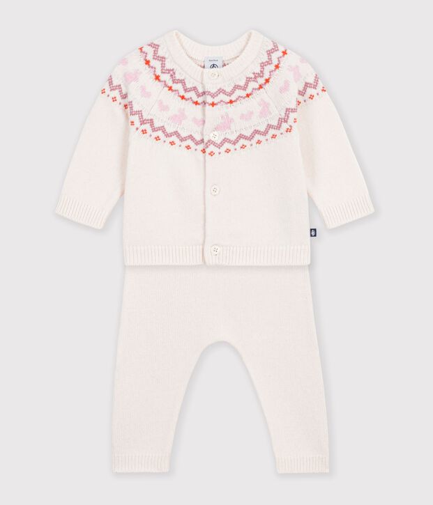 Ensemble b&eacute;b&eacute; en tricot &agrave; motif jacquard &eacute;cru/rose