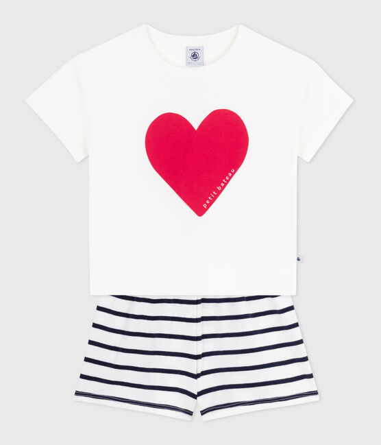 Pyjama short enfant en coton imprimé cœur blanc MARSHMALLOW/bleu SMOKING