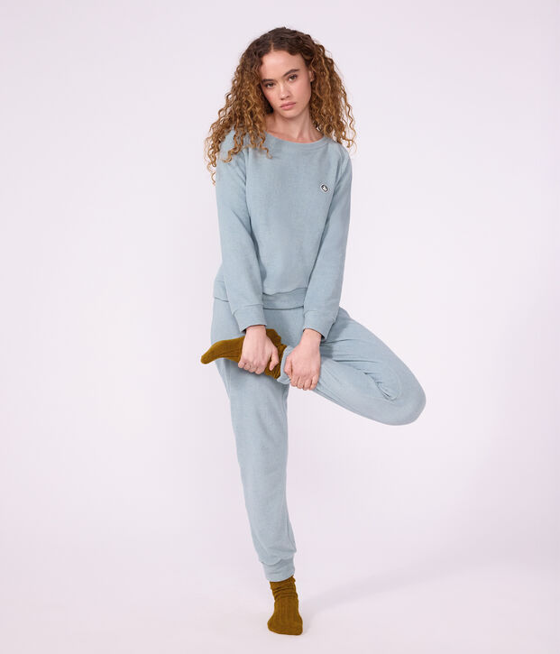 Pyjama femme en coton &eacute;ponge uni vert gris