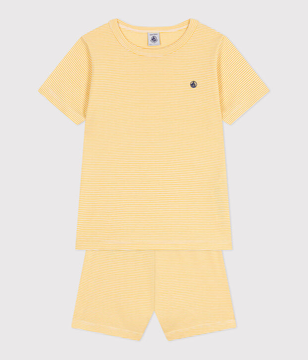 Pyjama short enfant en coton &agrave; rayures jaune/blanc