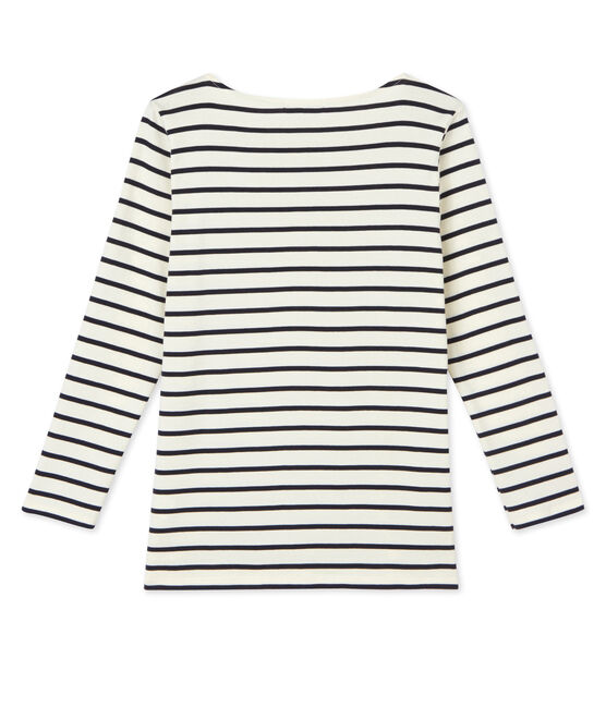 T-shirt femme manches longues en côte originale beige COQUILLE/bleu SMOKING