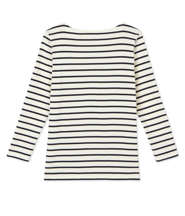 T-shirt femme manches longues en c&ocirc;te originale blanc/bleu