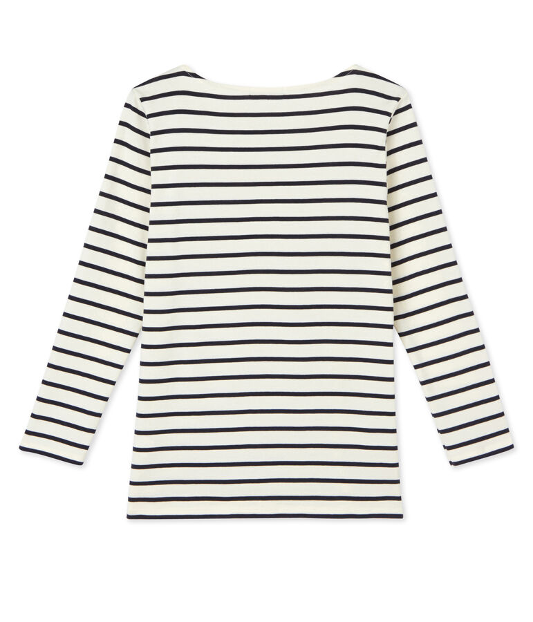 T-shirt femme manches longues en c&ocirc;te originale blanc/bleu