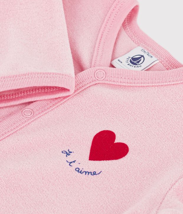 Pyjama b&eacute;b&eacute; en velours uni avec motif plac&eacute; rose clair