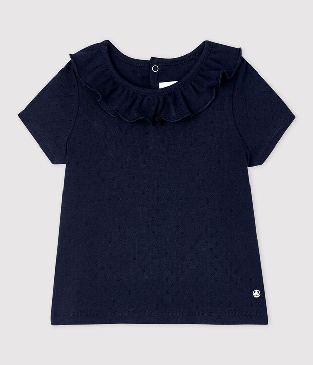 Blouse ajour&eacute;e manches courtes en coton b&eacute;b&eacute; fille bleu