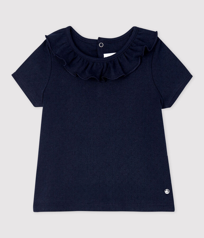 Blouse ajour&eacute;e manches courtes en coton b&eacute;b&eacute; fille bleu SMOKING