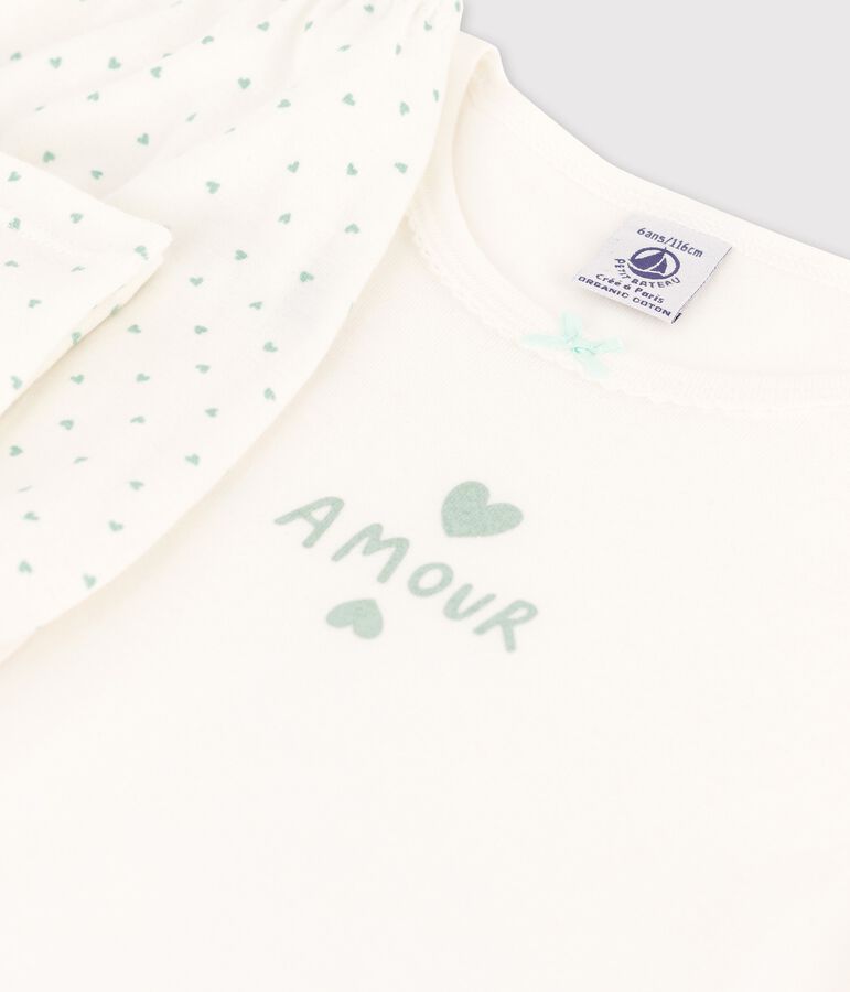 Pyjama petits coeurs petite fille en coton blanc/vert
