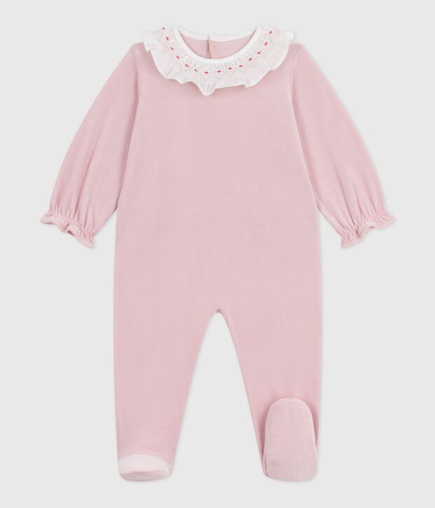 Pyjama b&eacute;b&eacute; en velours ouverture au dos uni rose clair